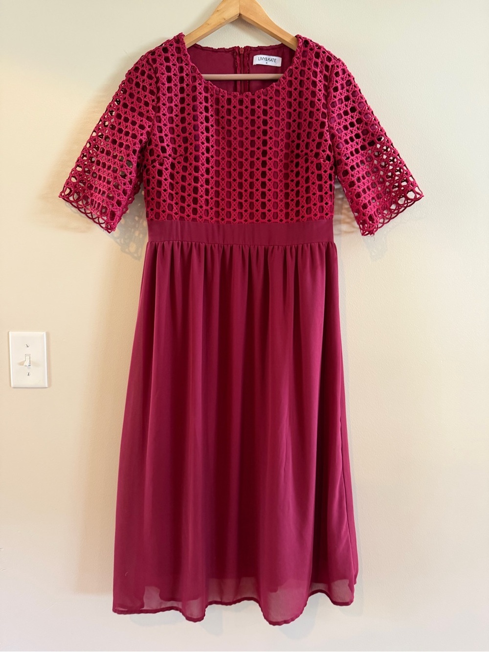 Livy & Kate magenta dress lined modest crochet lace top chiffon skirt medium